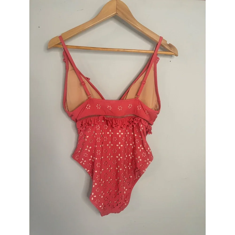 J.Crew Eyelet Ruffle‎ One Piece Coral Cutout Feminine Resort Swim 8